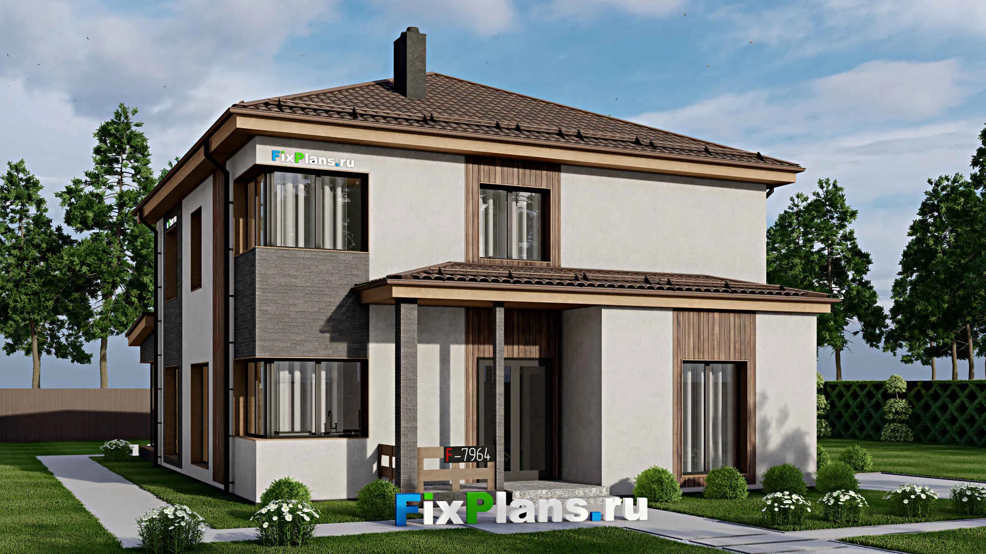 F-7964 - Проект двухэтажного дома 12 на 17, площадью 230 м² с террасой, баней и 4 спальнями