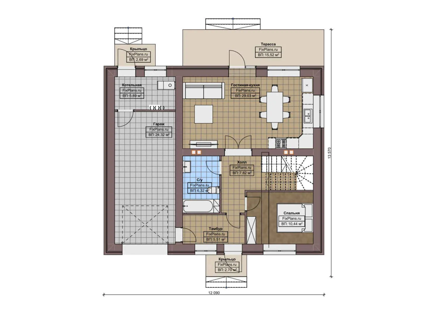 F-8675 - Планы двухэтажного дома 9 на 11, площадью 170 м² с террасой, гаражом на 1 машину и 3 спальнями