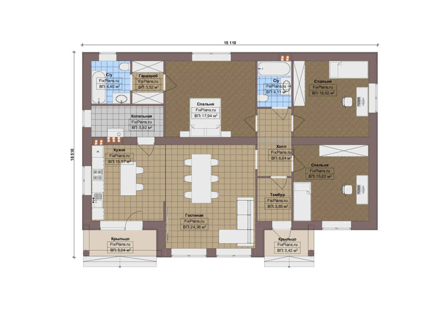 F-17234 - План одноэтажного дома 11 на 16, площадью 130 м² с 3 спальнями