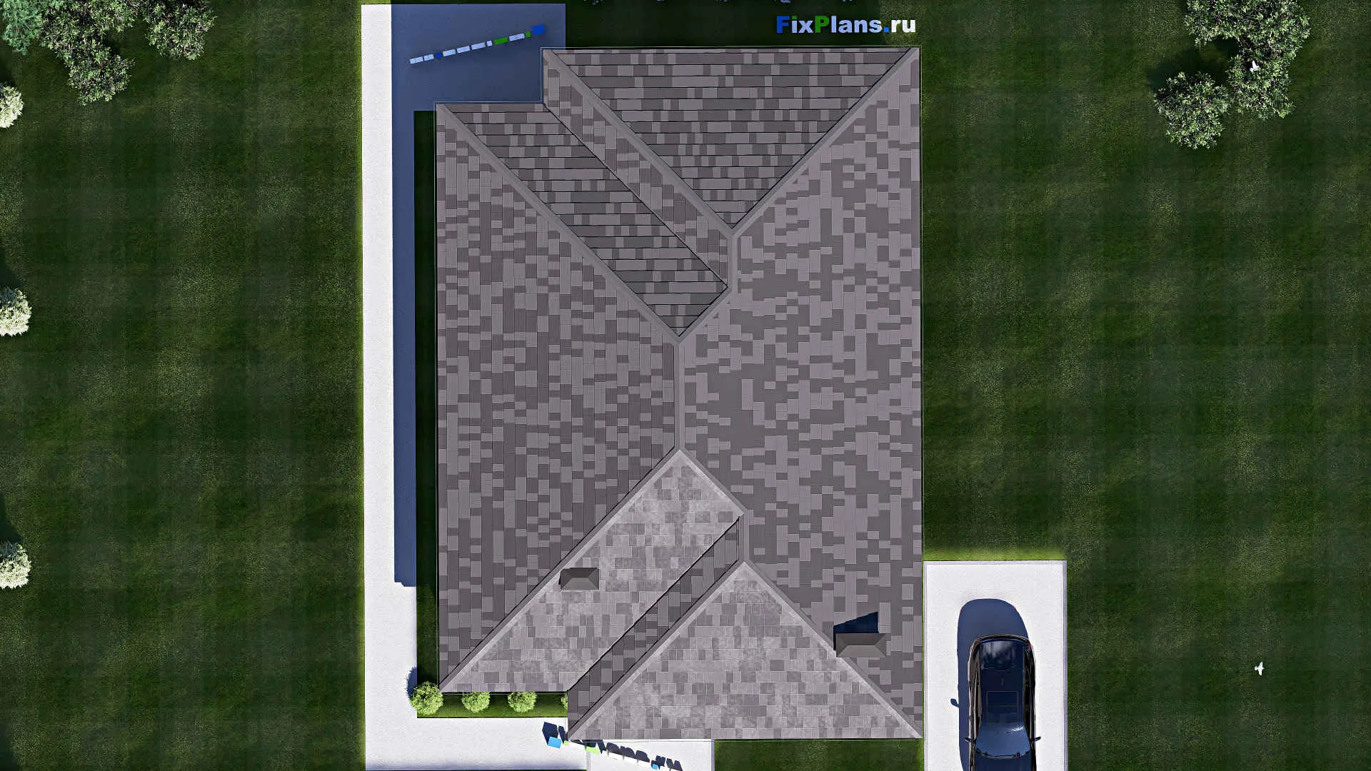 F-19565 - Проект одноэтажного дома 13 на 19, площадью 190 м² с террасой и 5 спальнями