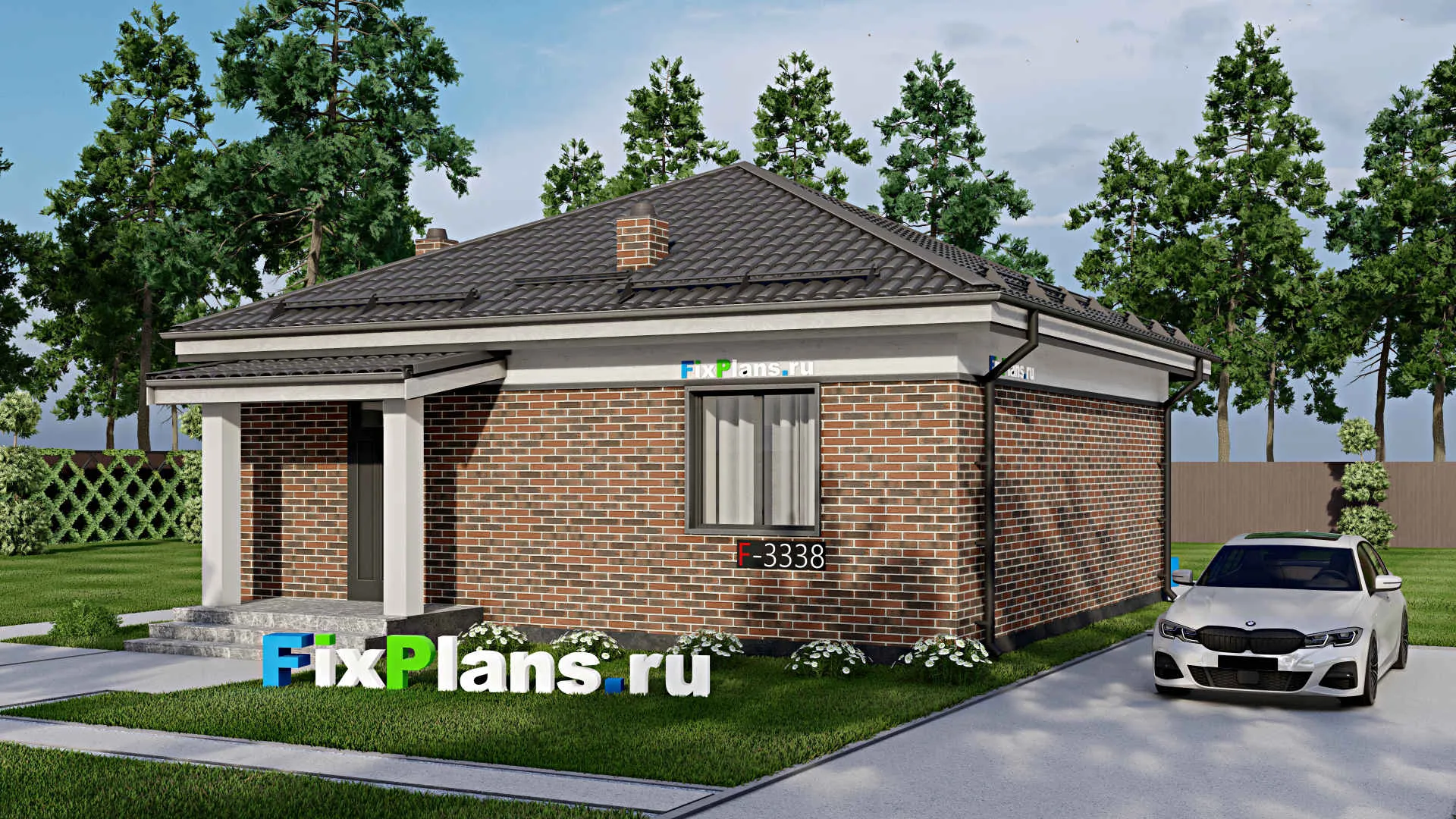 F-3338 - Проект одноэтажного дома 10 на 10, площадью 80 м² с террасой и 2 спальнями