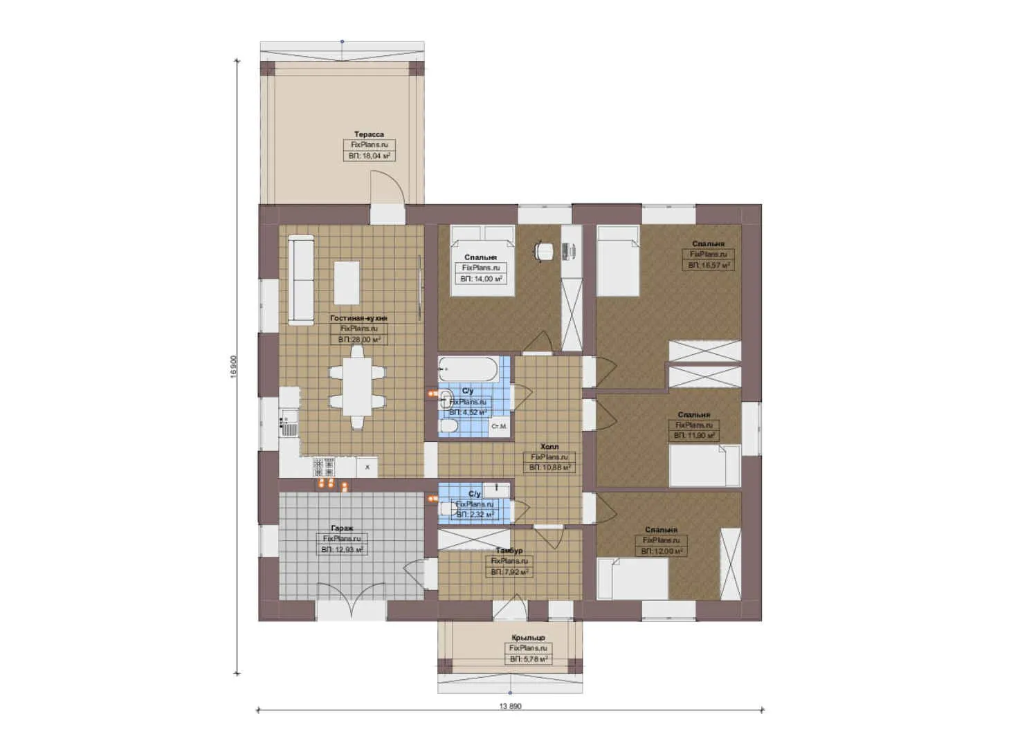 F-15200 - План одноэтажного дома 14 на 17, площадью 150 м² с террасой, гаражом на 1 машину и 4 спальнями