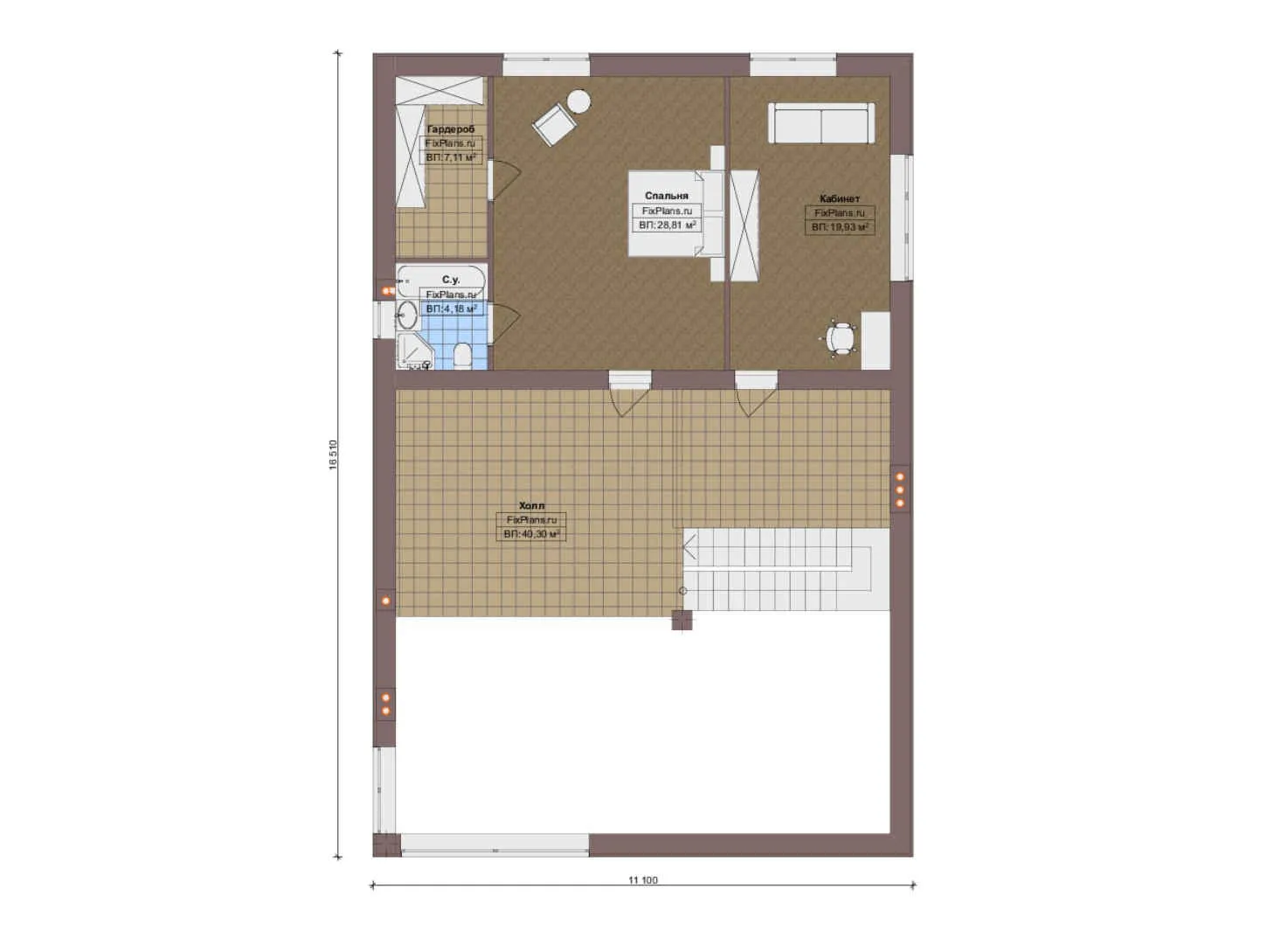 F-19376 - Планы дома с мансардой 16 на 17, площадью 260 м² с террасой и 1 спальнями