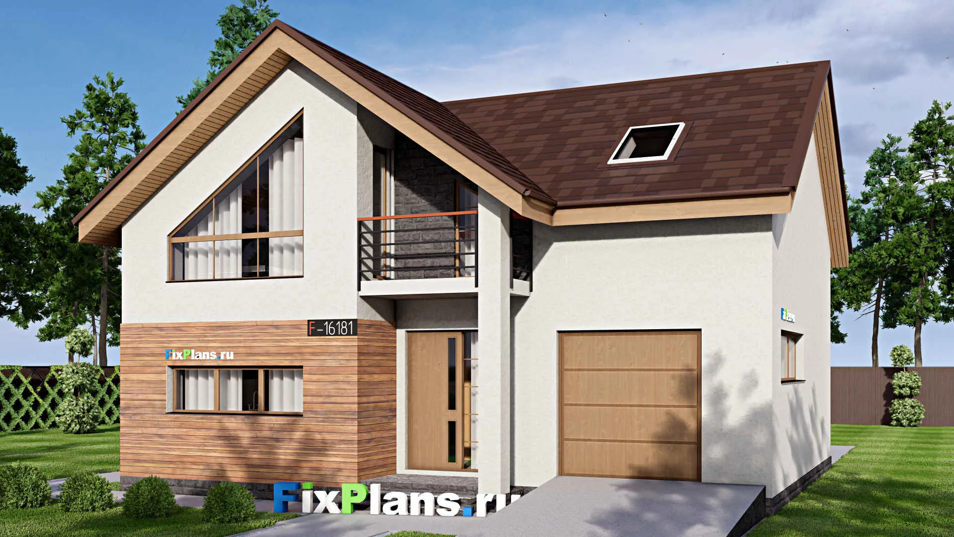 F-16181 - Проект дома с мансардой 13 на 16, площадью 240 м² с террасой, балконом, гаражом на 1 машину и 3 спальнями