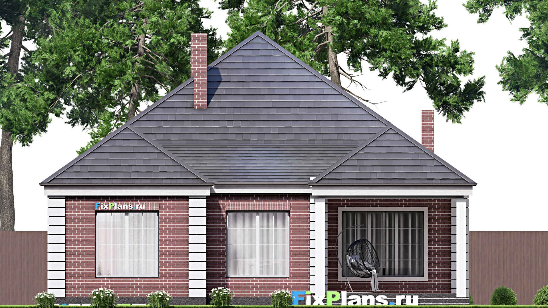 F-16883 - Проект одноэтажного дома 13 на 21, площадью 210 м² с террасой, гаражом на 2 машины и 3 спальнями