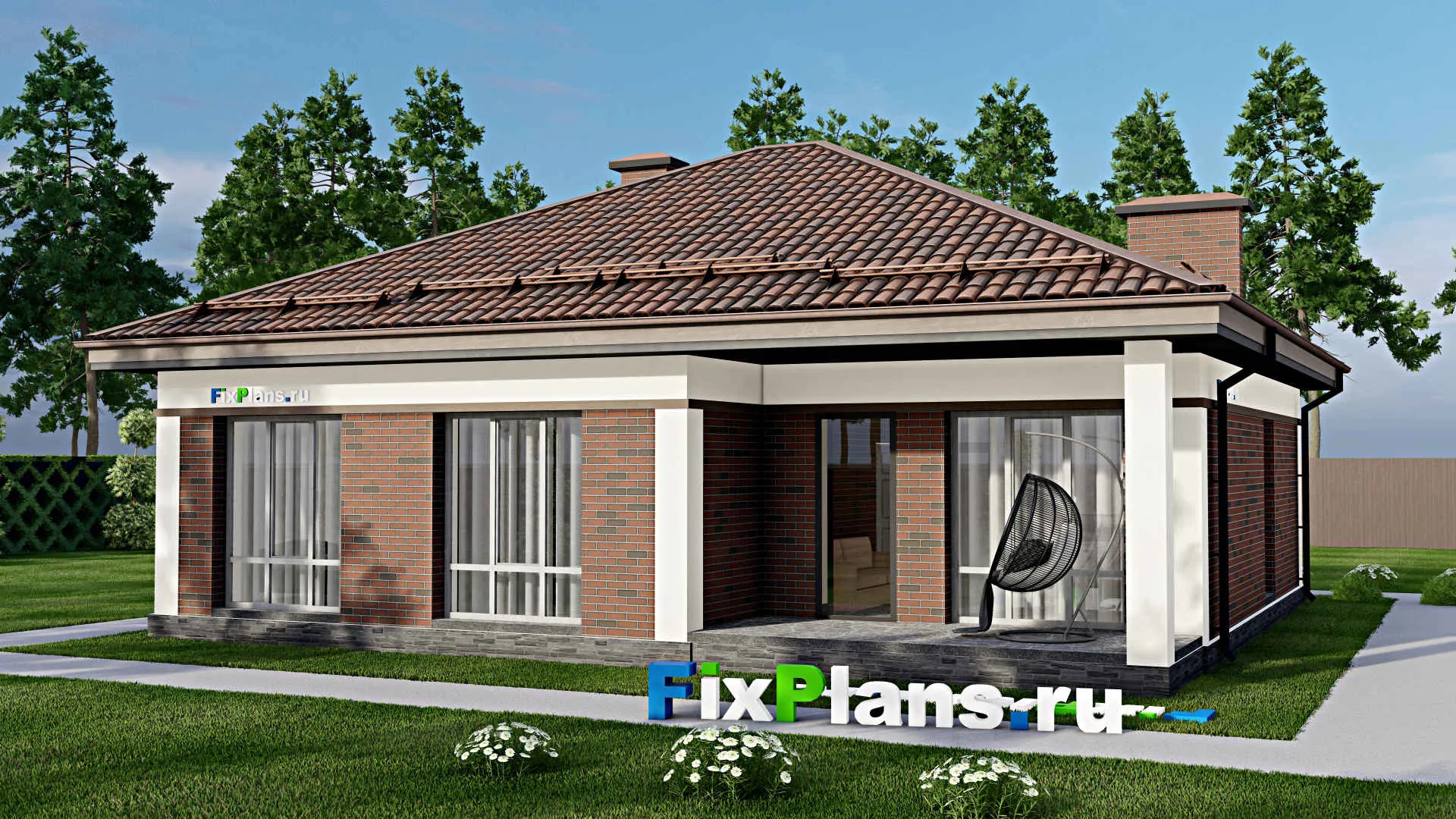 F-6578 - Проект одноэтажного дома 12 на 13, площадью 120 м² с террасой и 3 спальнями