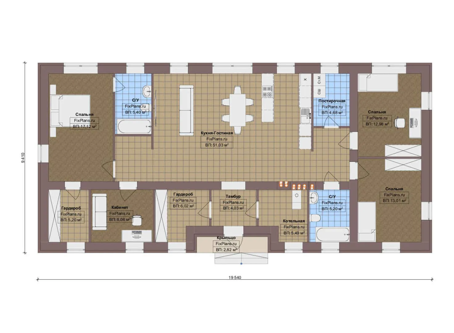 F-18485 - План одноэтажного дома 10 на 20, площадью 150 м² с 3 спальнями