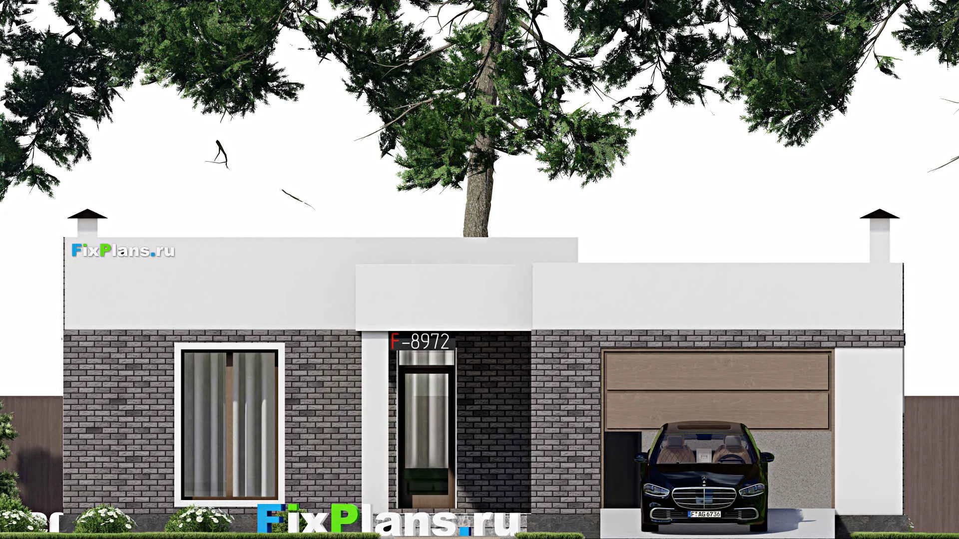 F-8972 - Проект одноэтажного дома 13 на 17, площадью 150 м² с террасой, гаражом на 1 машину и 2 спальнями