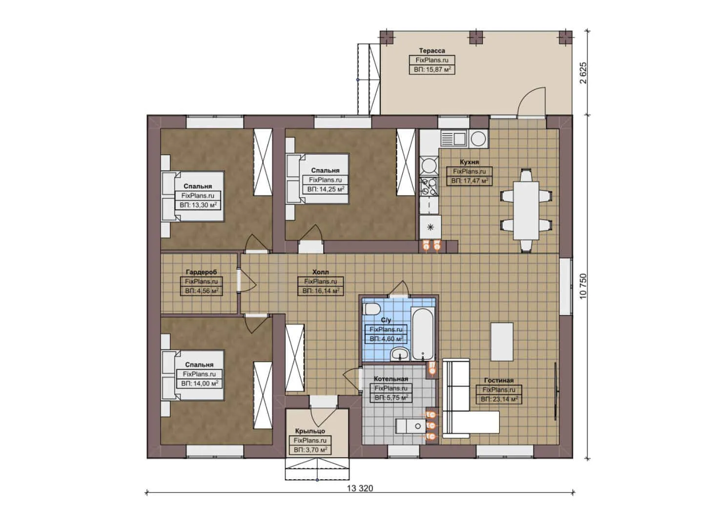 F-6713 - План одноэтажного дома 11 на 14, площадью 140 м² с террасой и 3 спальнями