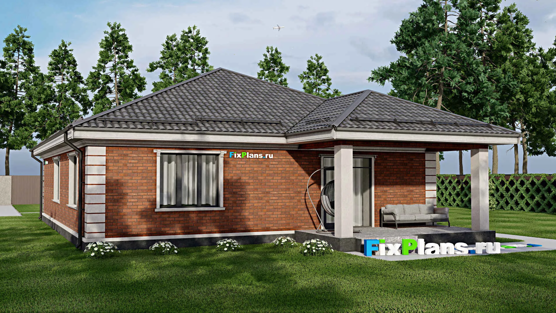 F-8585 - Проект одноэтажного дома 13 на 21, площадью 180 м² с террасой и 3 спальнями