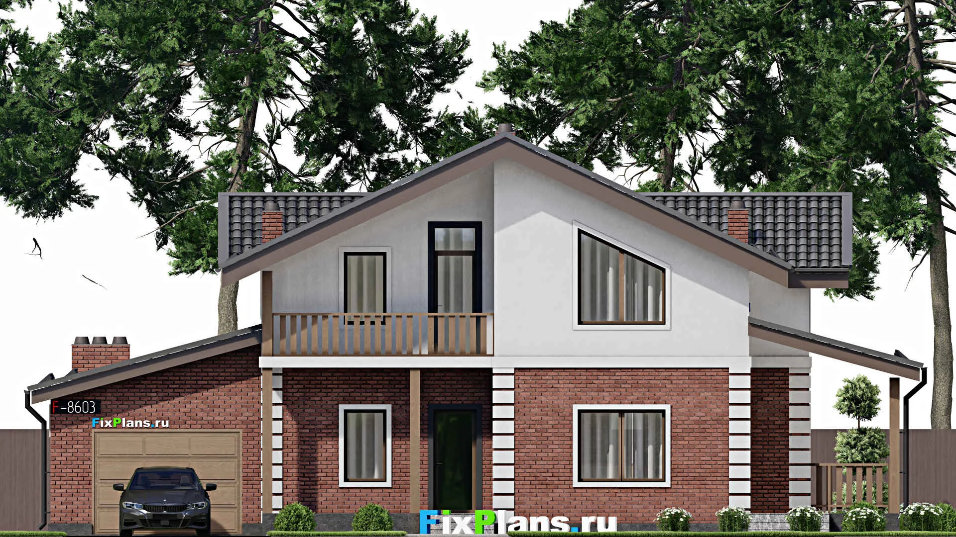 F-8603 - Проект дома с мансардой 10 на 17, площадью 200 м² с террасой, балконом, гаражом на 1 машину, вторым светом и 4 спальнями