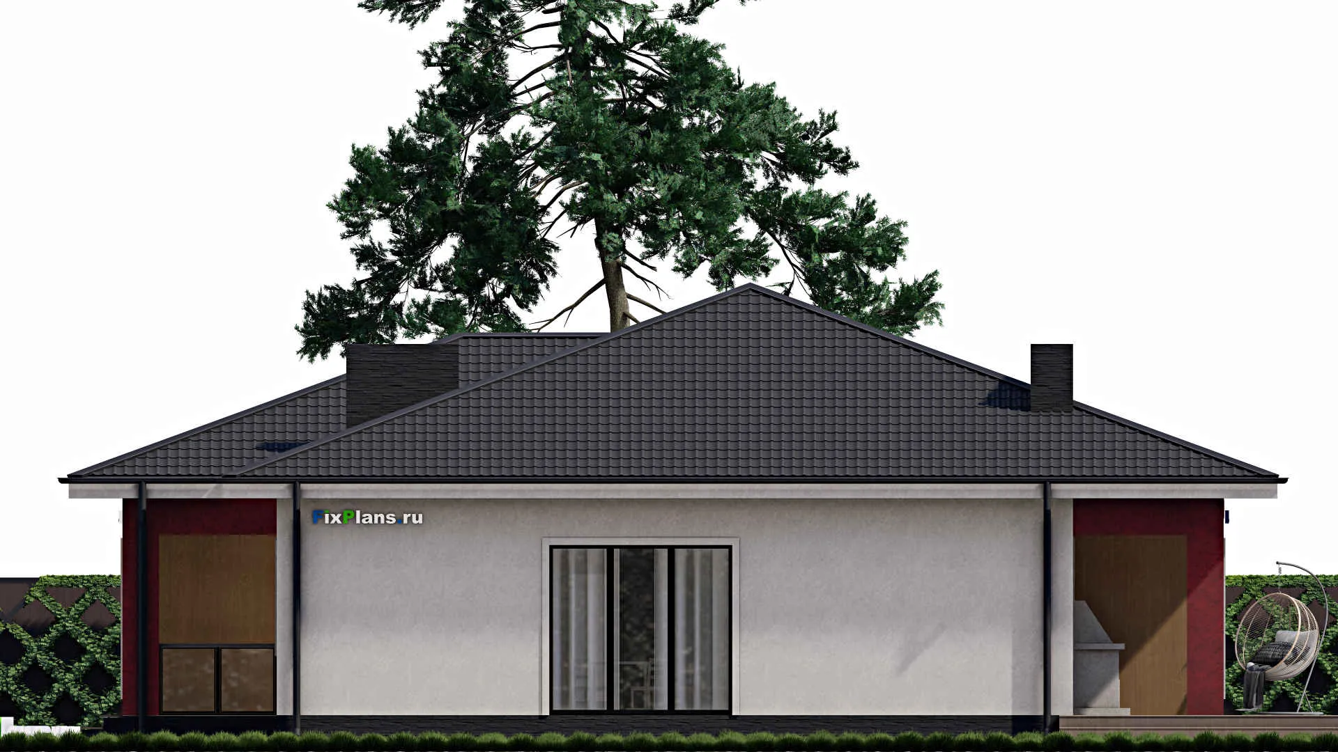 F-0233 - Проект одноэтажного дома 15 на 16, площадью 180 м² с террасой и 4 спальнями