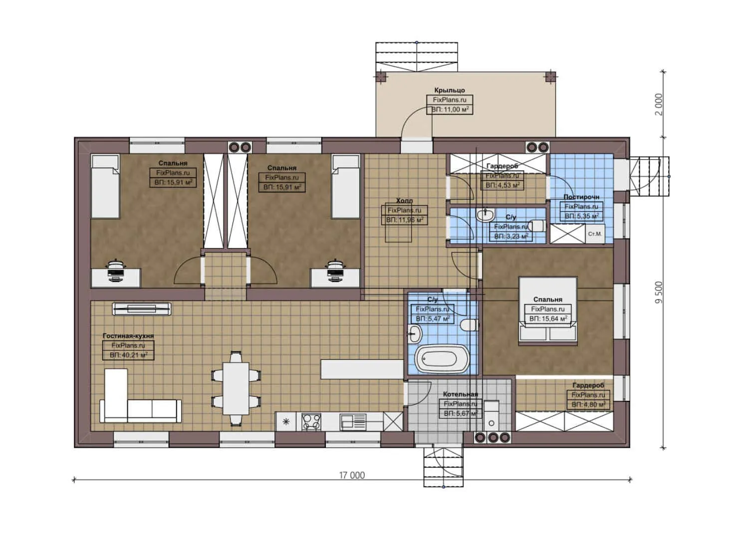 F-4670 - Планы дома с мансардой 10 на 17, площадью 200 м² с 3 спальнями