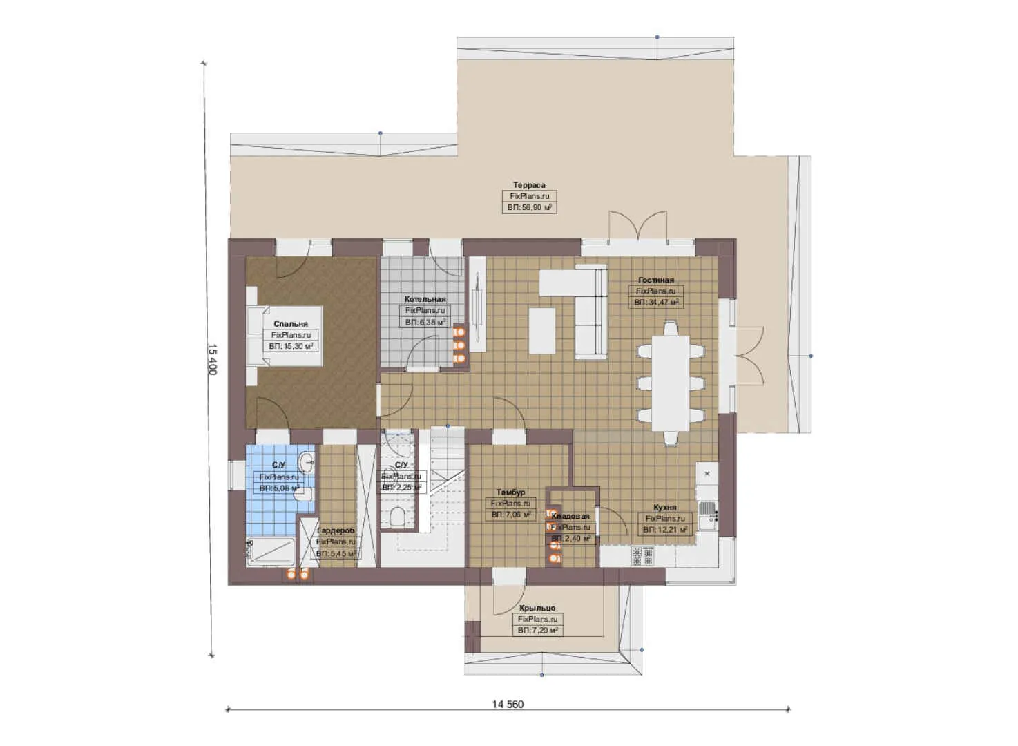 F-18557 - Планы дома с мансардой 15 на 16, площадью 240 м² с террасой и 5 спальнями