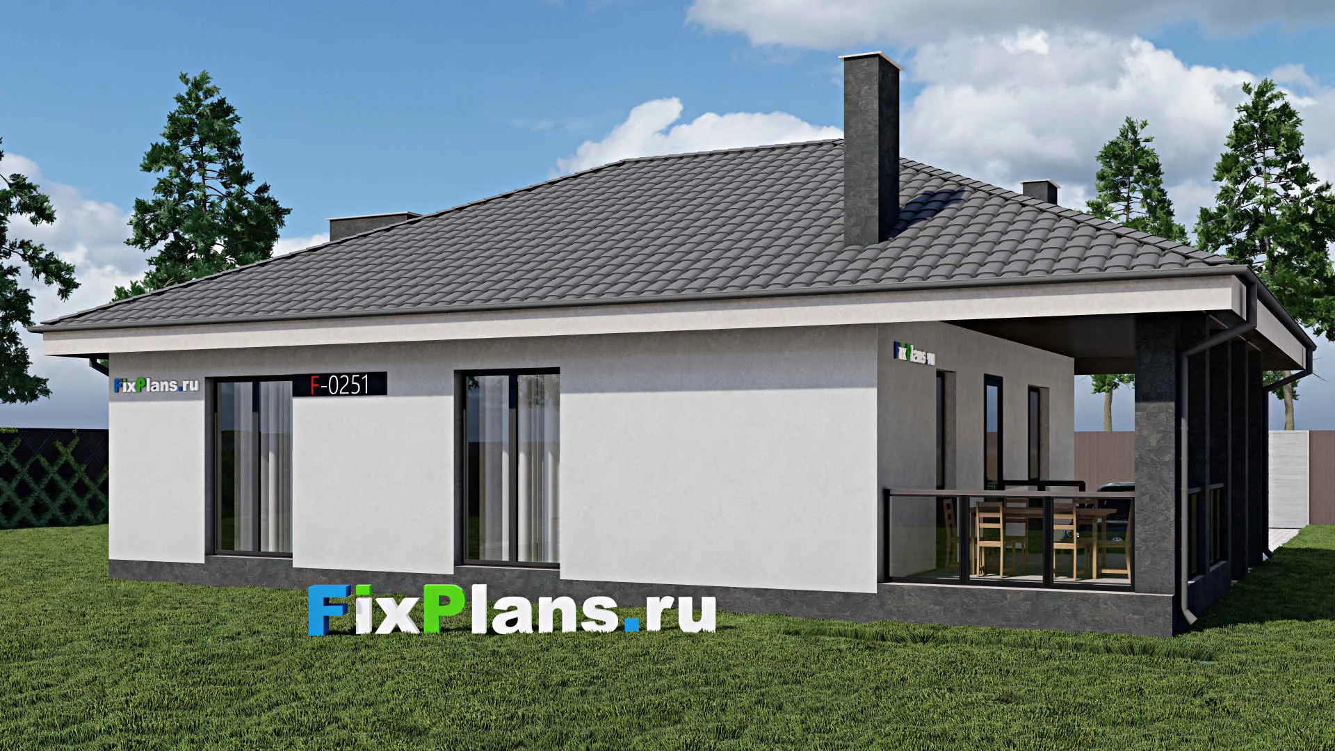 F-0251 - Проект одноэтажного дома 11 на 12, площадью 130 м² с террасой и 3 спальнями