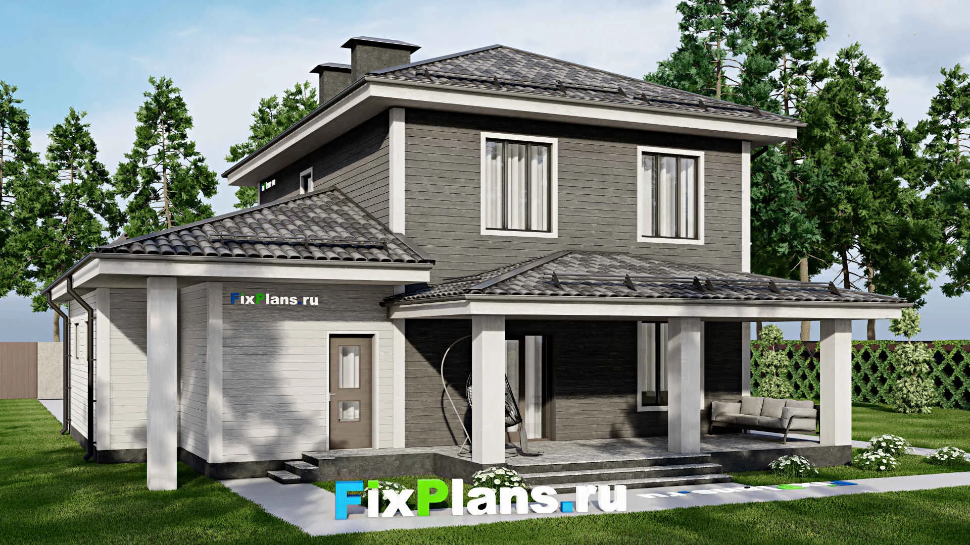 F-3563 - Проект двухэтажного дома 12 на 15, площадью 200 м² с террасой, гаражом на 1 машину и 5 спальнями