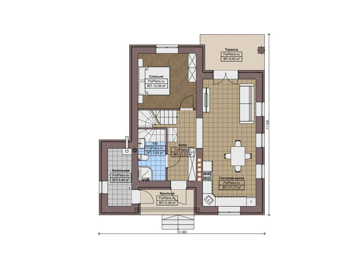 F-9728 - Планы дома с мансардой 11 на 12, площадью 130 м² с террасой, балконом и 3 спальнями