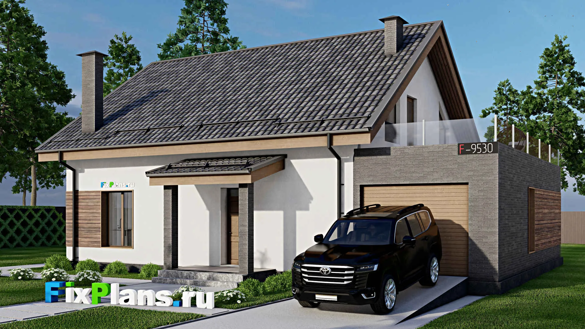 F-9530 - Проект дома с мансардой 14 на 16, площадью 260 м² с балконом, гаражом на 1 машину и 3 спальнями