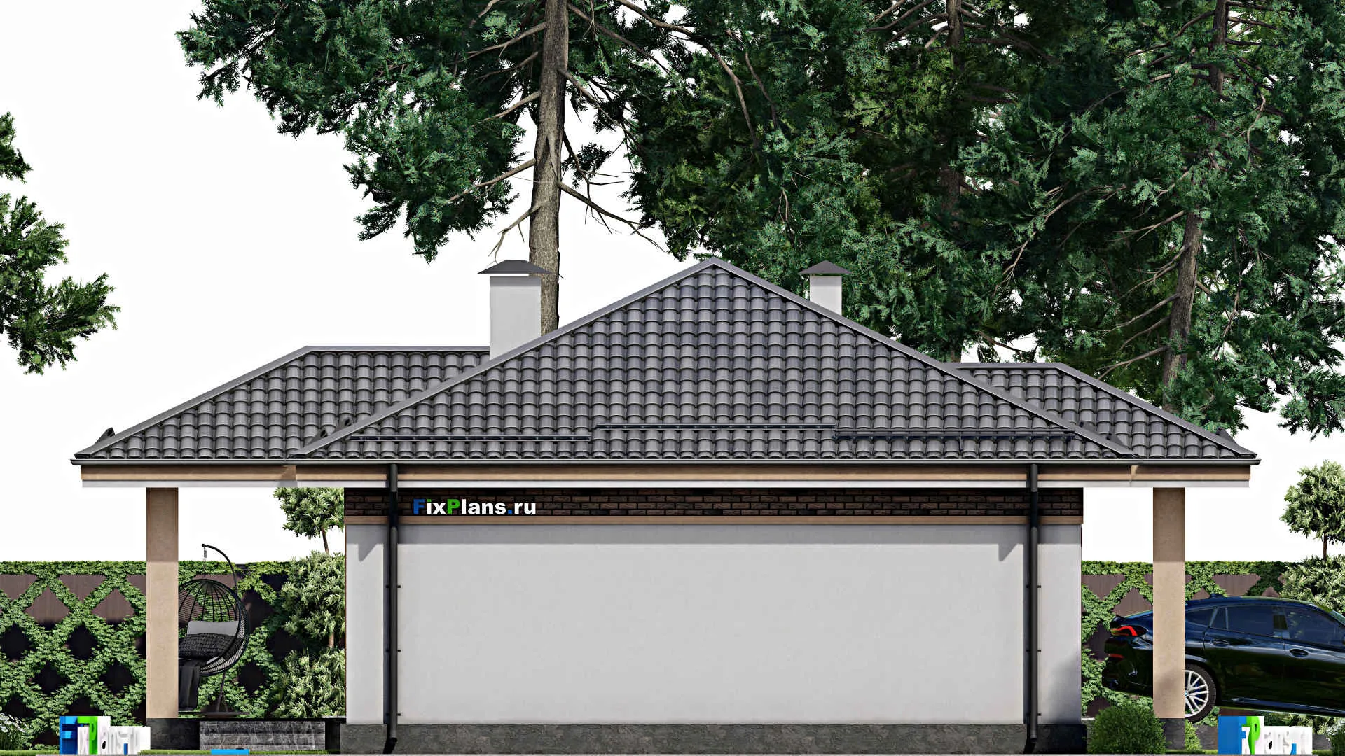 F-8729 - Проект одноэтажного дома 12 на 23, площадью 170 м² с террасой, гаражом на 1 машину и 3 спальнями