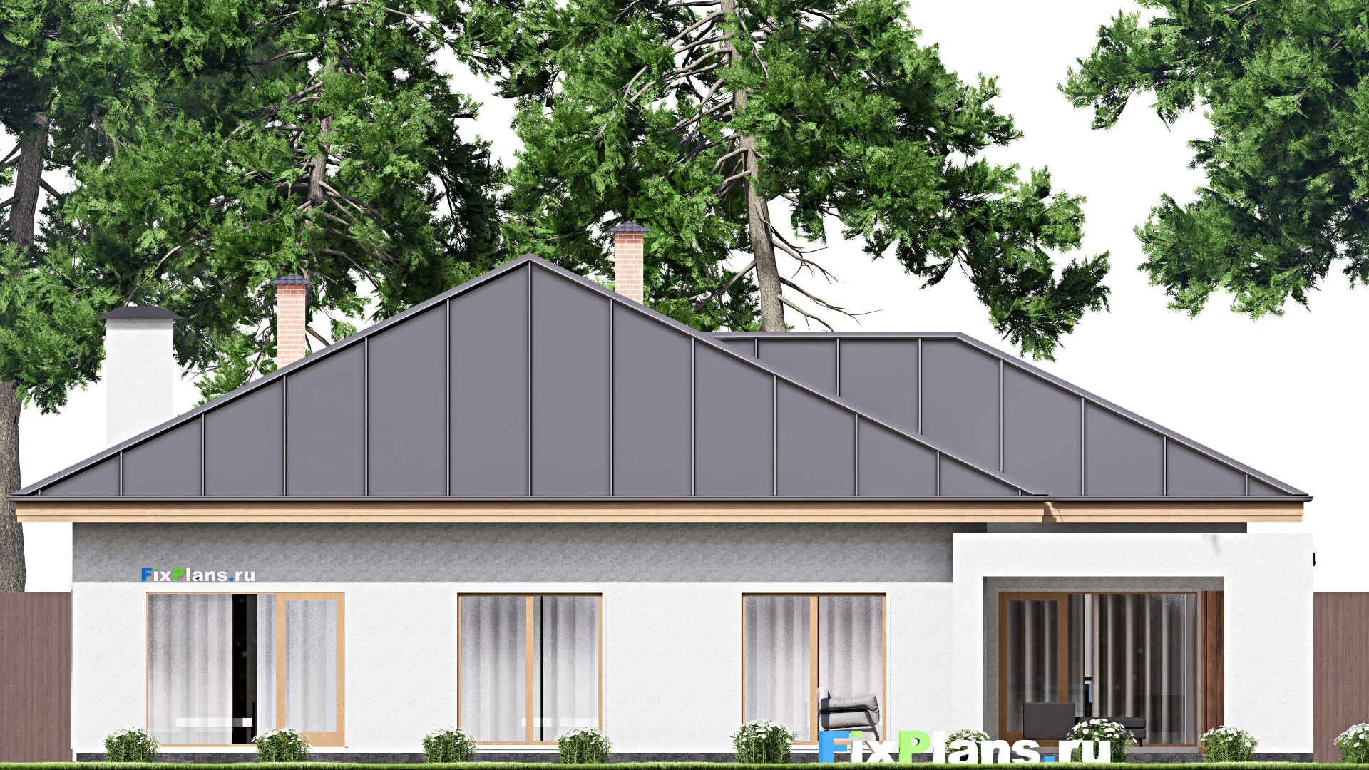 F-15938 - Проект одноэтажного дома 17 на 17, площадью 240 м² с террасой, гаражом на 2 машины и 3 спальнями