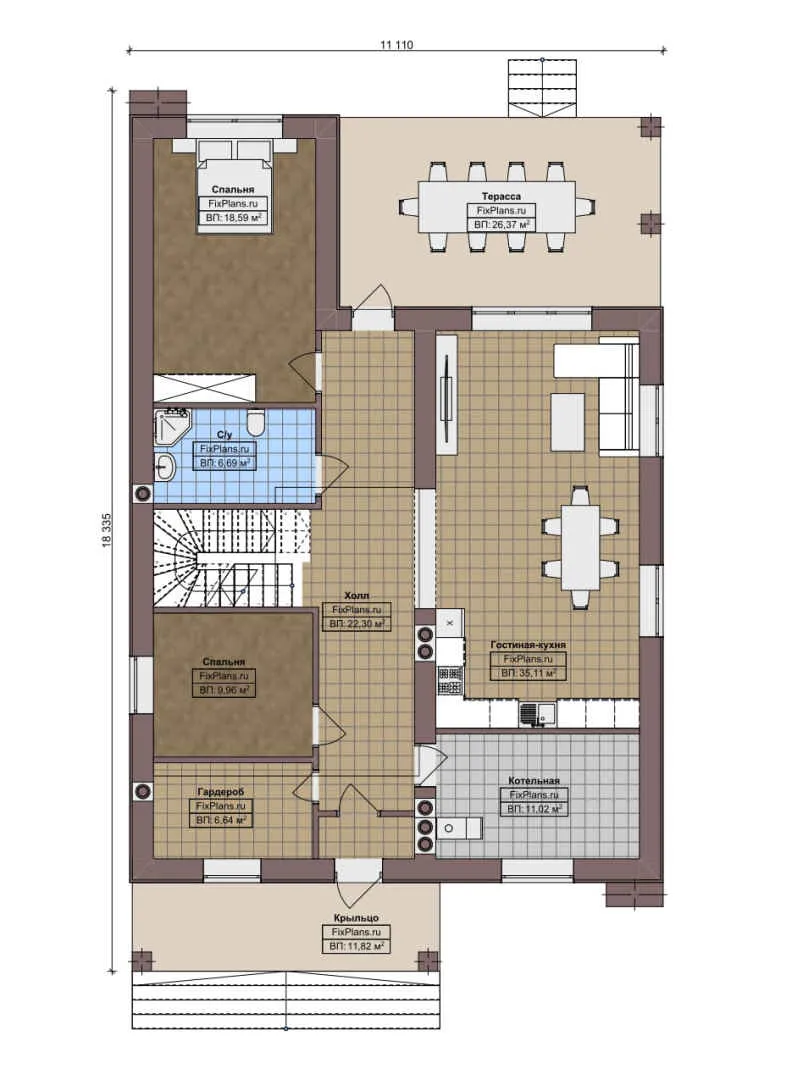 F-8612 - Планы двухэтажного дома 12 на 19, площадью 290 м² с террасой, балконом и 7 спальнями