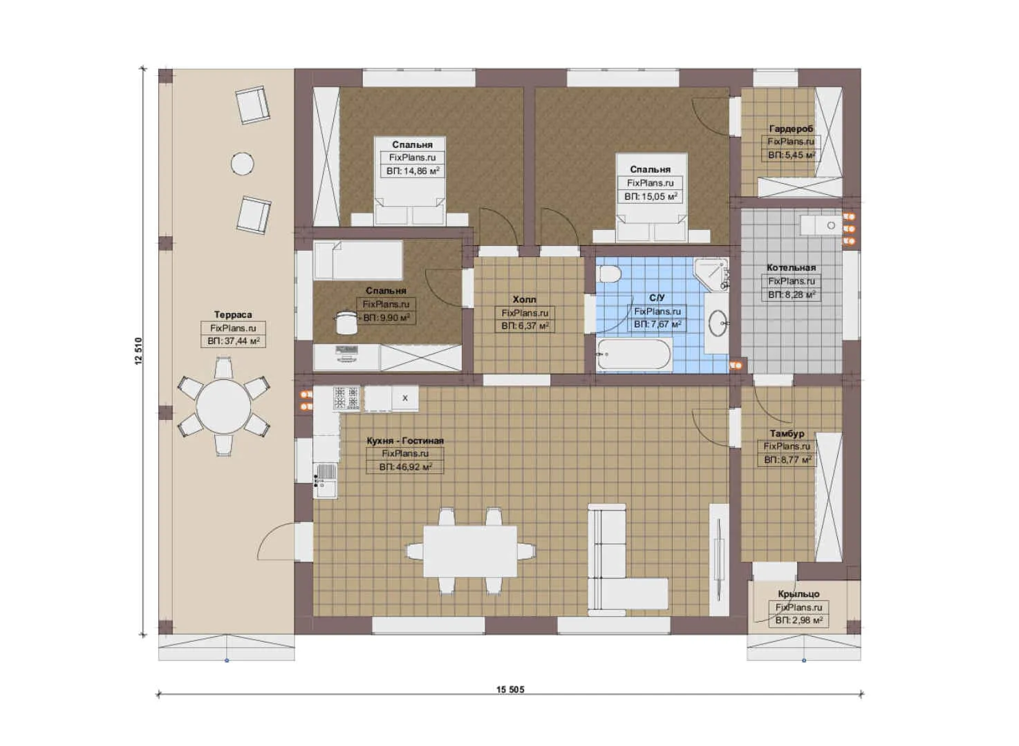F-19943 - План одноэтажного дома 13 на 16, площадью 170 м² с террасой и 3 спальнями