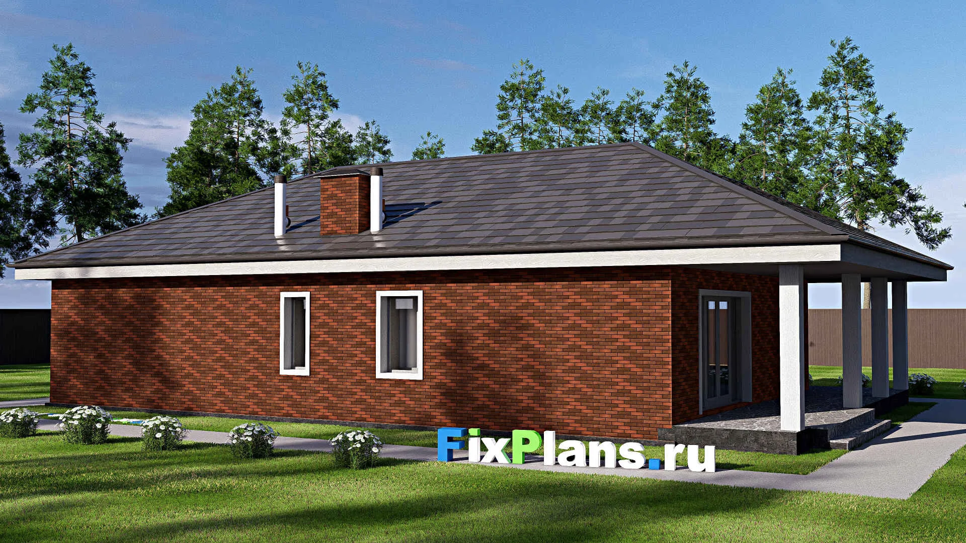 F-19439 - Проект одноэтажного дома 11 на 18, площадью 140 м² с террасой и 3 спальнями