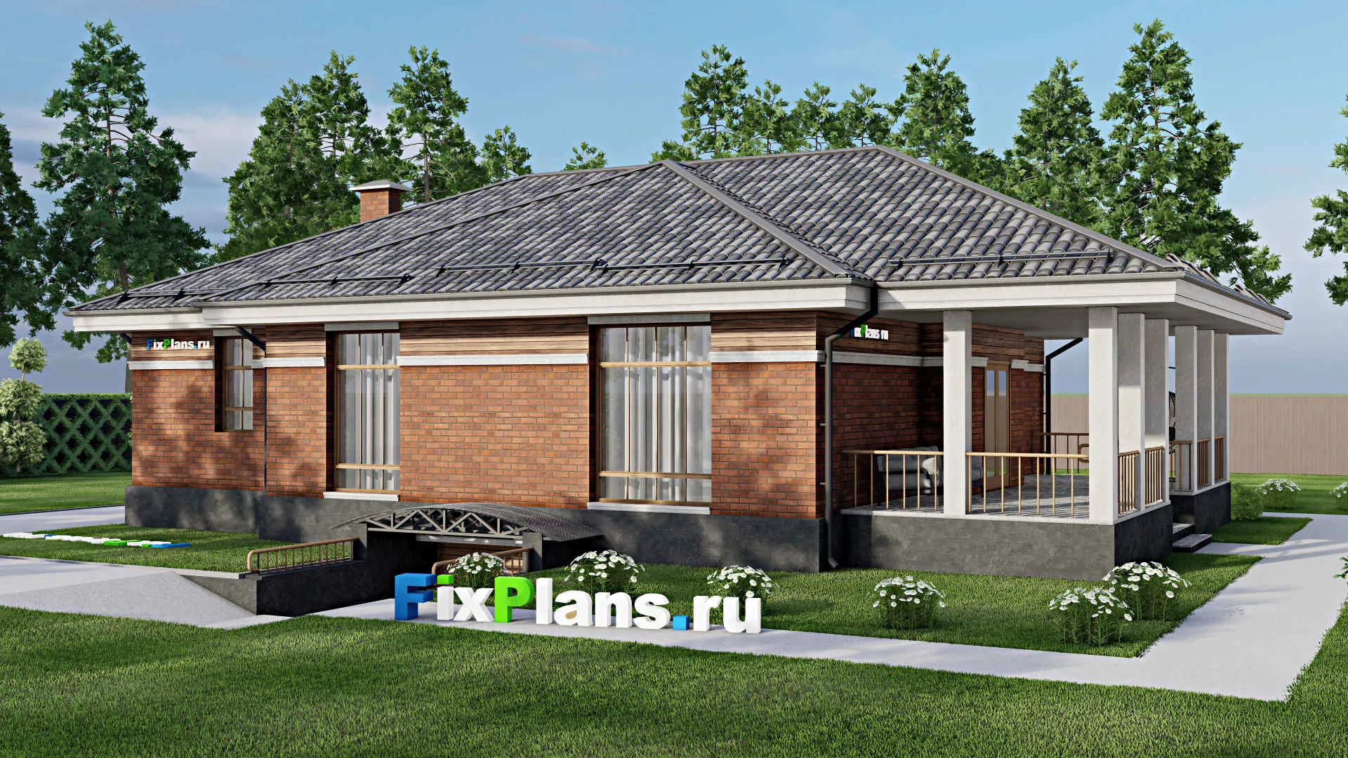 F-8711 - Проект одноэтажного дома 13 на 18, площадью 220 м² с террасой, цокольным этажом и 3 спальнями