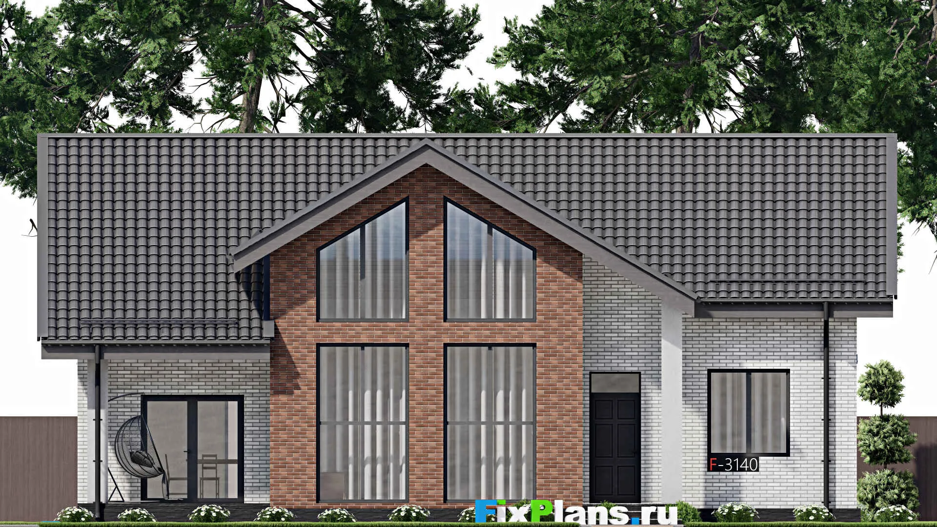 F-3140 - Проект одноэтажного дома 11 на 16, площадью 130 м² с террасой и 3 спальнями