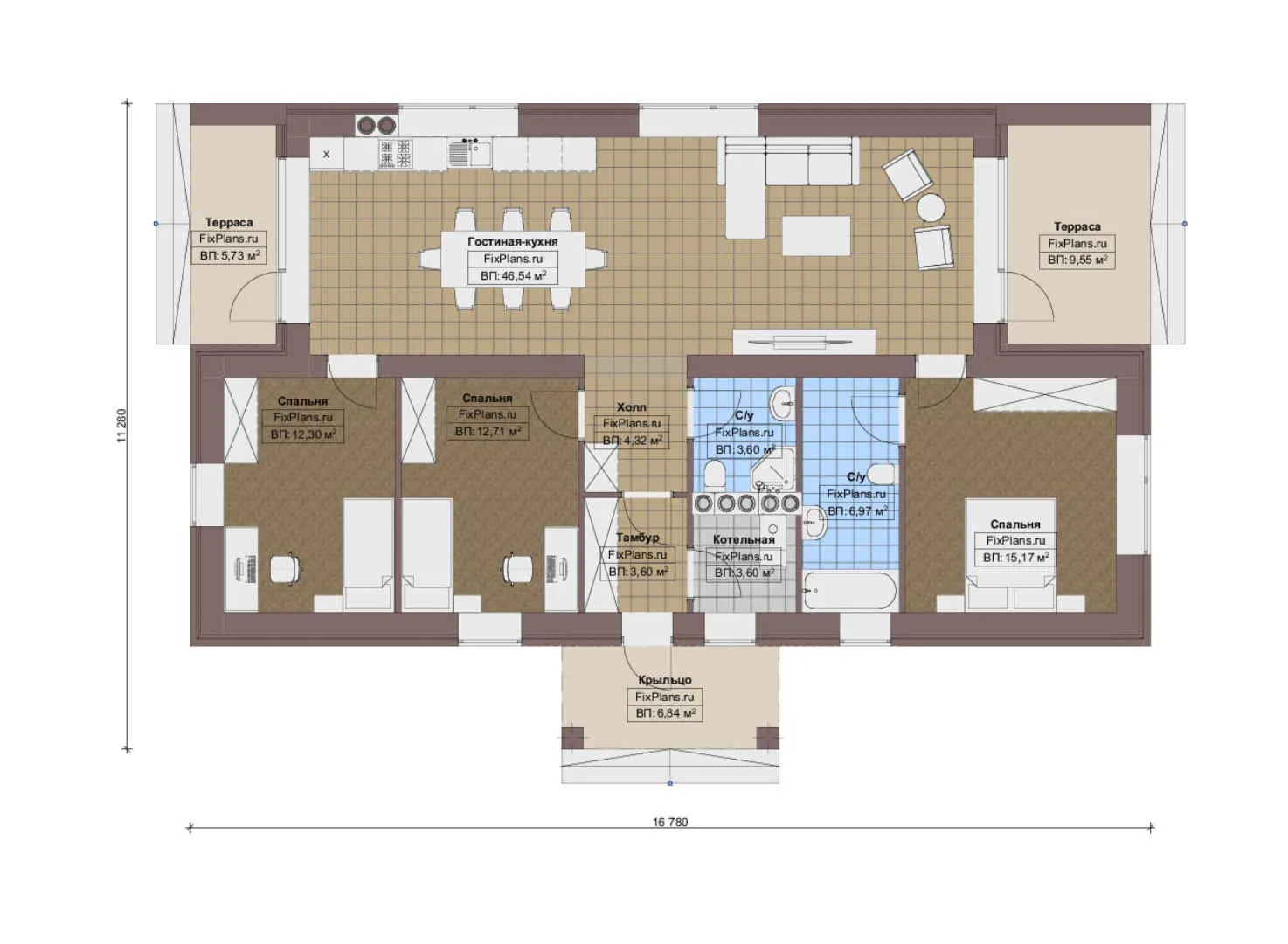 F-15785 - План одноэтажного дома 12 на 17, площадью 140 м² с террасой и 3 спальнями