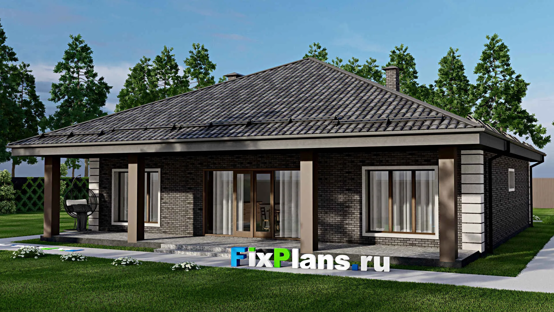 F-6101 - Проект одноэтажного дома 15 на 18, площадью 210 м² с террасой и 4 спальнями