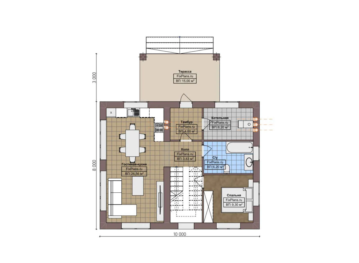 F-4904 - Планы дома с мансардой 8 на 10, площадью 130 м² с террасой и 4 спальнями