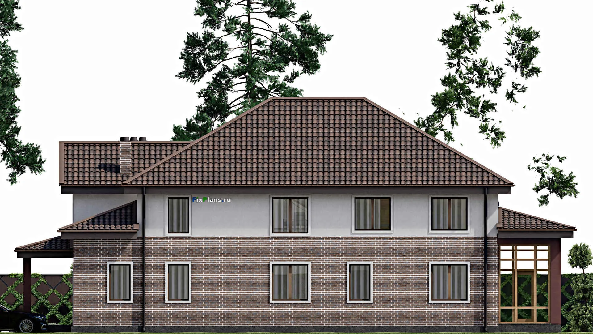 F-8792 - Проект дома с мансардой 17 на 22, площадью 310 м² с террасой, гаражом на 1 машину и 6 спальнями