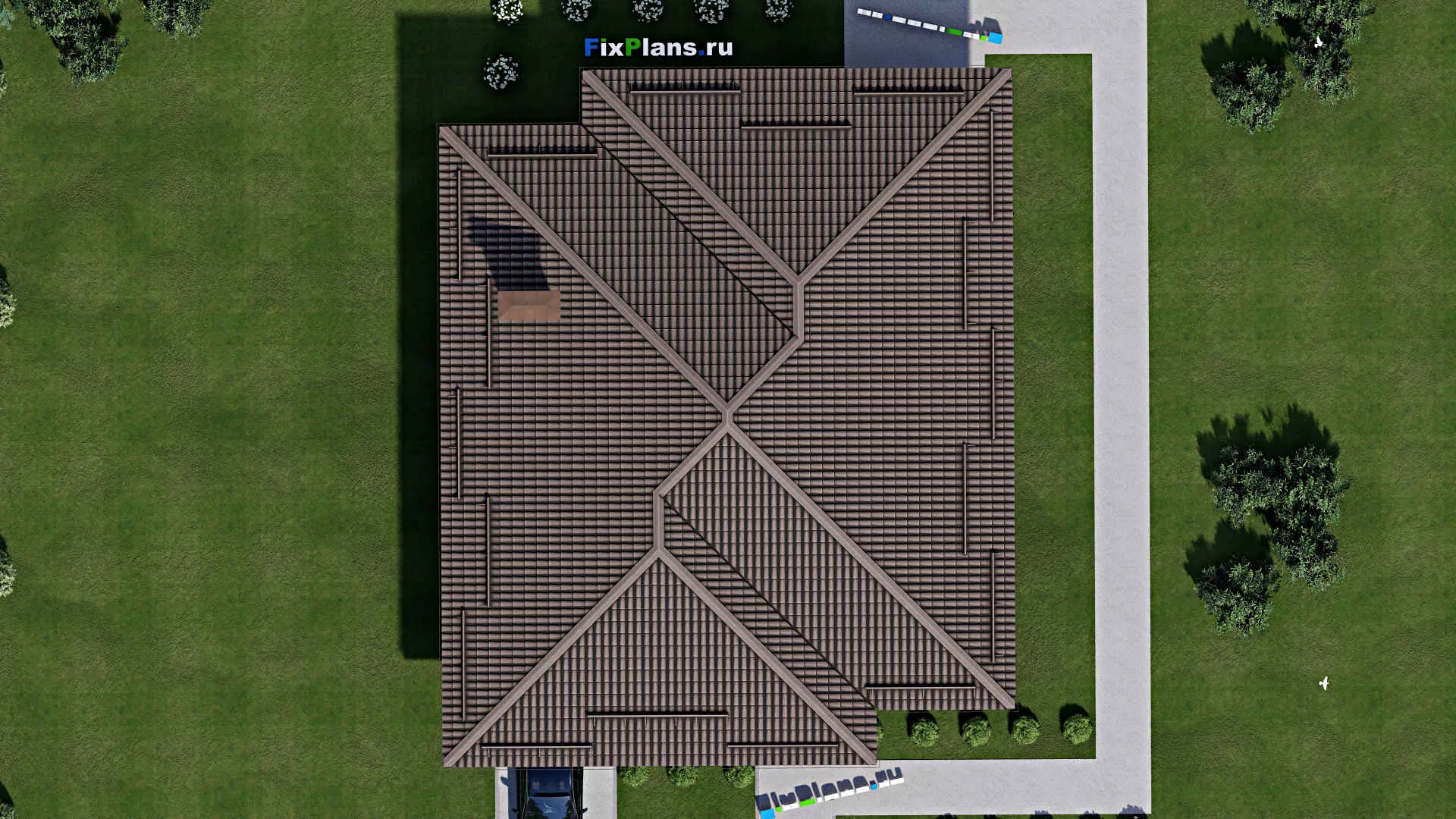 F-2582 - Проект одноэтажного дома 14 на 18, площадью 310 м² с террасой, балконом, гаражом на 1 машину и 11 спальнями