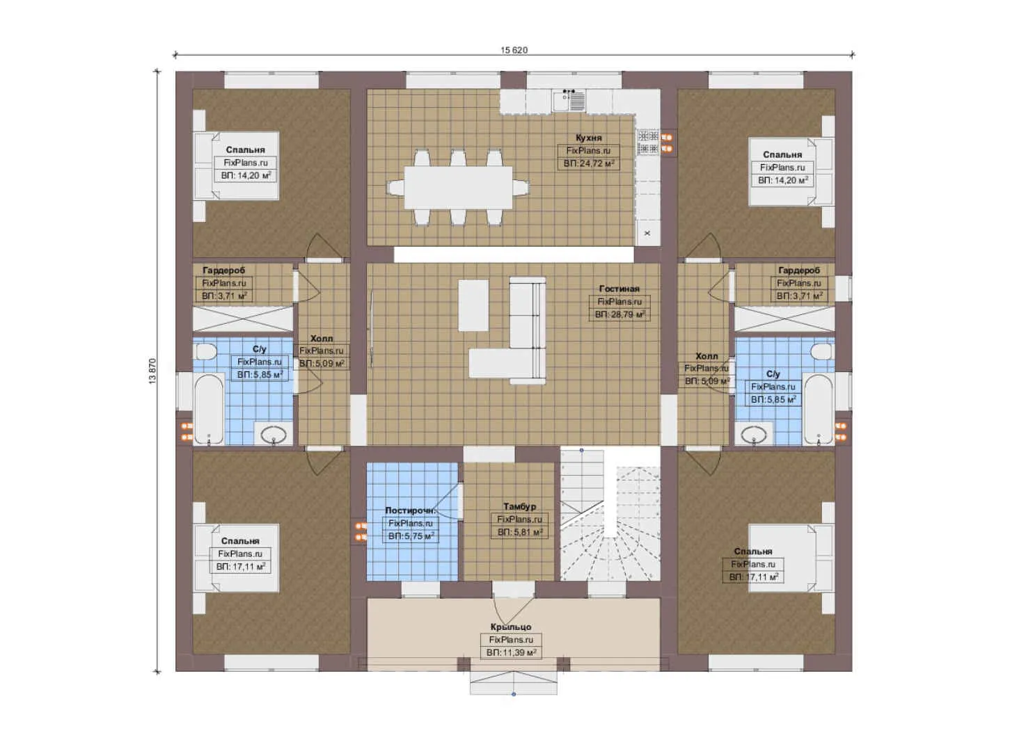F-13625 - Планы дома с мансардой 14 на 16, площадью 230 м² с балконом и 4 спальнями