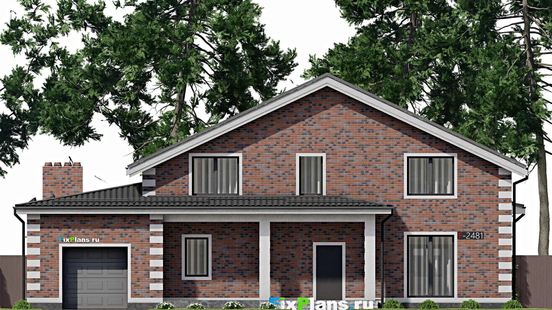 F-2483 - Проект дома с мансардой 14 на 19, площадью 300 м² с террасой, баней, гаражом на 1 машину и 4 спальнями