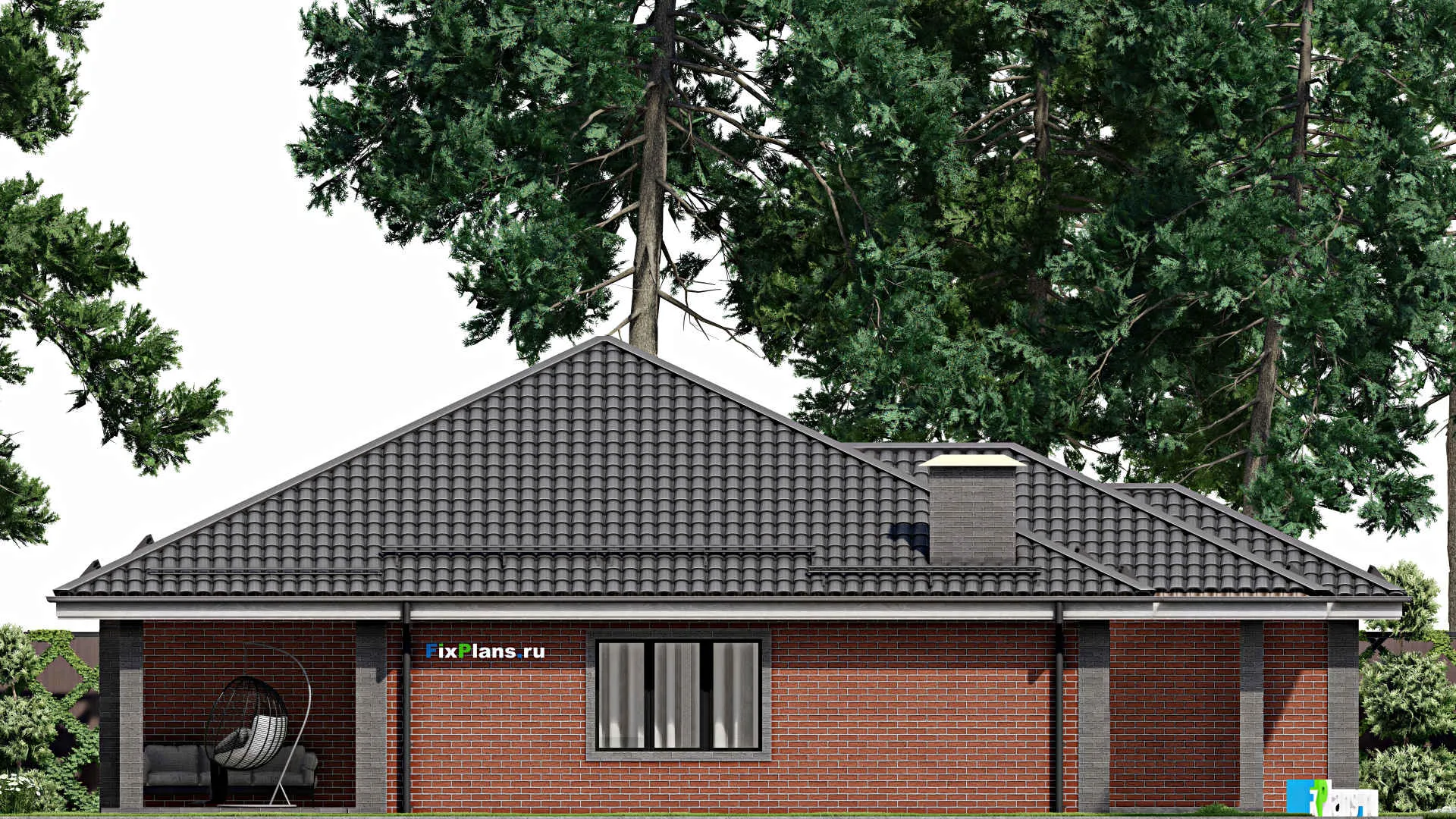 F-4013 - Проект одноэтажного дома 13 на 17, площадью 150 м² с террасой, гаражом на 1 машину и 3 спальнями