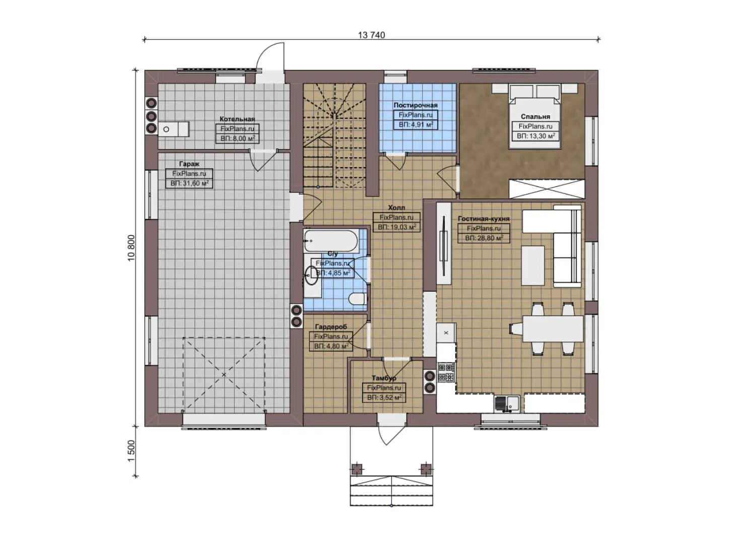 F-4634 - Планы двухэтажного дома 11 на 14, площадью 240 м² с гаражом на 1 машину и 5 спальнями
