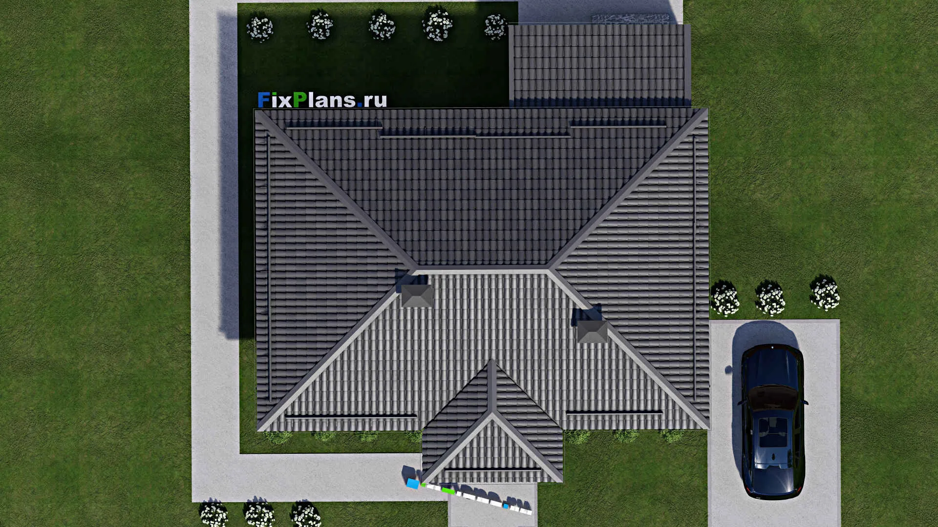 F-9683 - Проект одноэтажного дома 13 на 13, площадью 100 м² с террасой и 3 спальнями