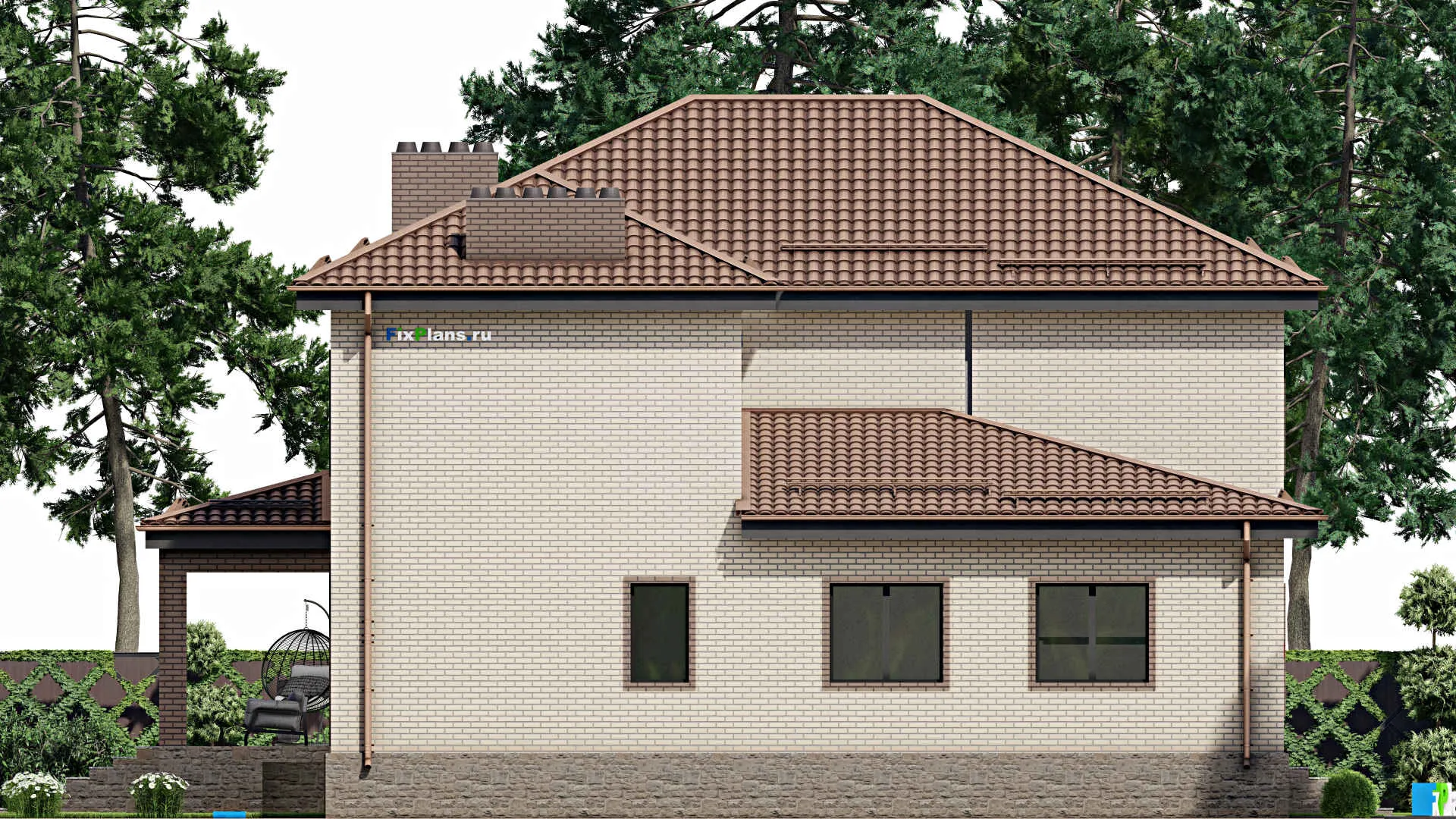 F-3086 - Проект двухэтажного дома 17 на 18, площадью 410 м² с террасой, цокольным этажом, баней, гаражом на 1 машину и 5 спальнями