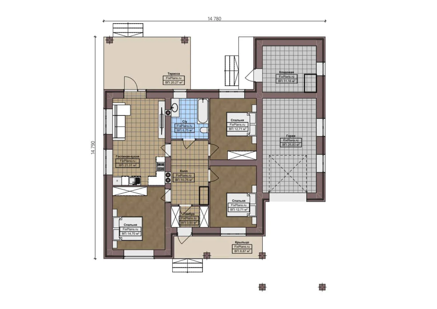F-2951 - План одноэтажного дома 15 на 15, площадью 150 м² с террасой, гаражом на 1 машину и 3 спальнями