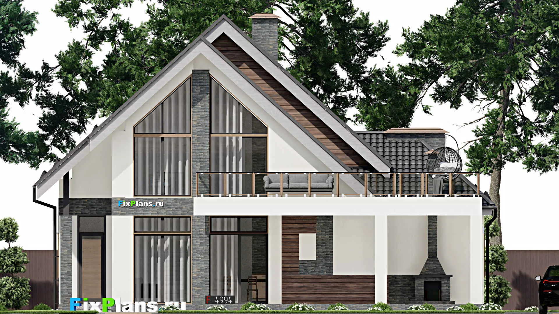 F-4994 - Проект дома с мансардой 15 на 15, площадью 350 м² с террасой, балконом и 4 спальнями