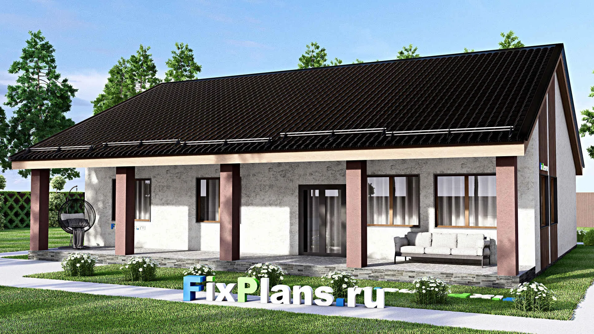 F-13175 - Проект одноэтажного дома 15 на 16, площадью 190 м² с террасой и 3 спальнями