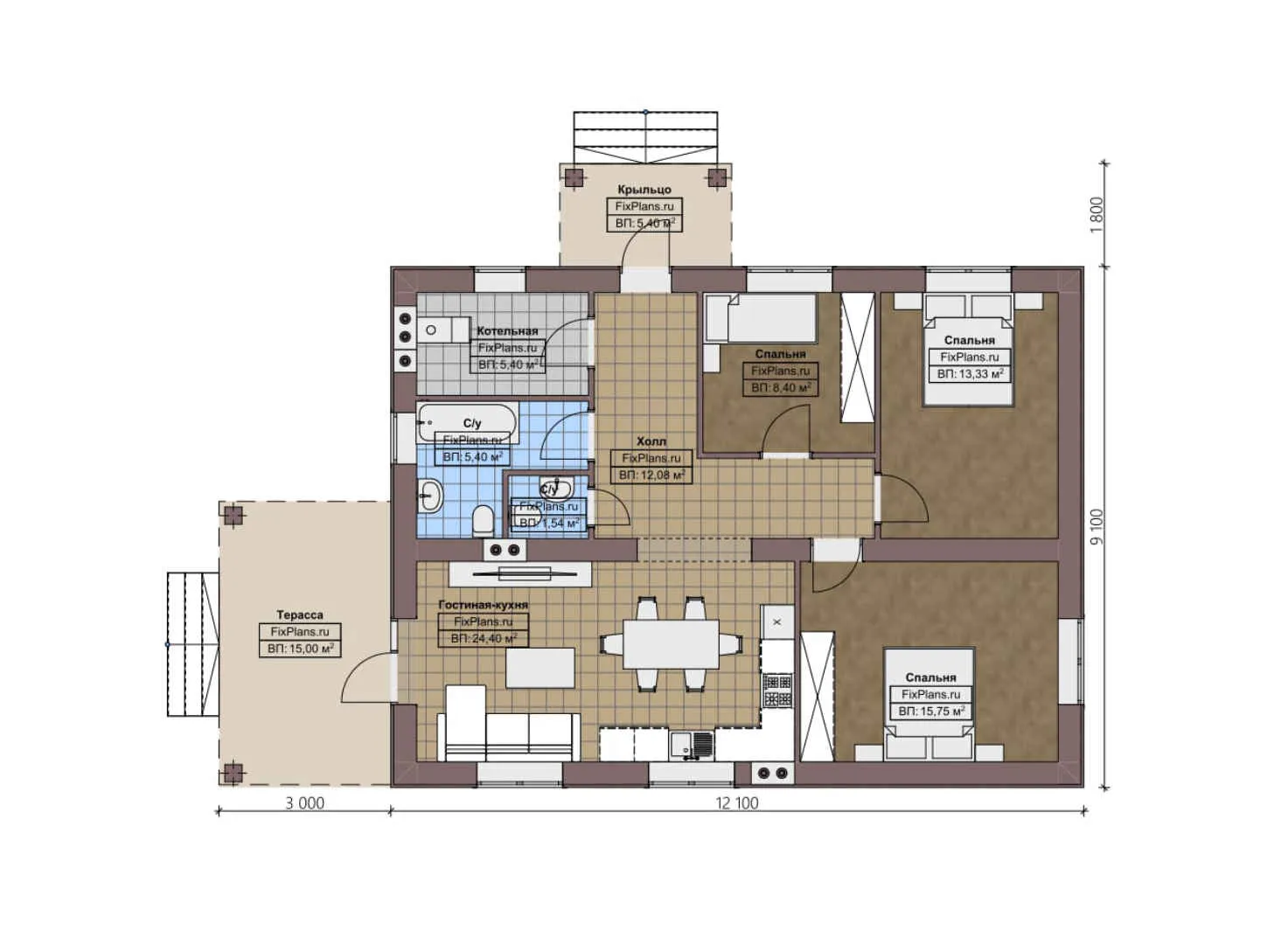 F-4445 - План одноэтажного дома 10 на 13, площадью 110 м² с террасой и 3 спальнями