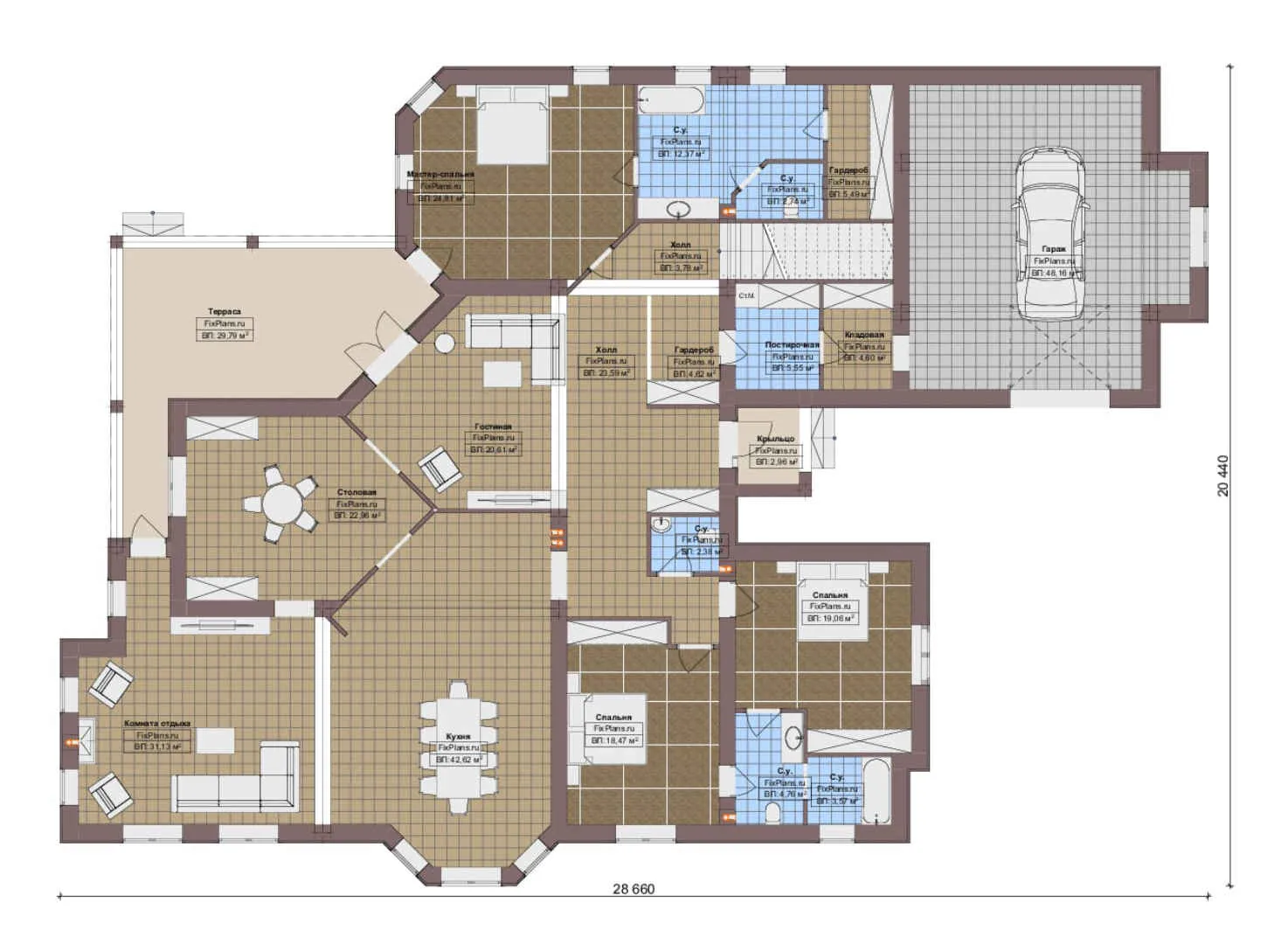 F-19799 - Планы дома с мансардой 21 на 29, площадью 410 м² с террасой, гаражом на 2 машины и 3 спальнями