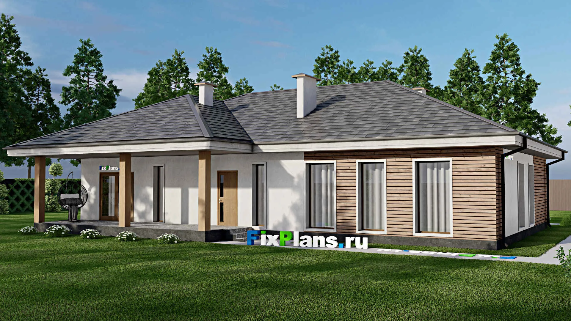 F-8450 - Проект одноэтажного дома 16 на 21, площадью 210 м² с террасой и 6 спальнями