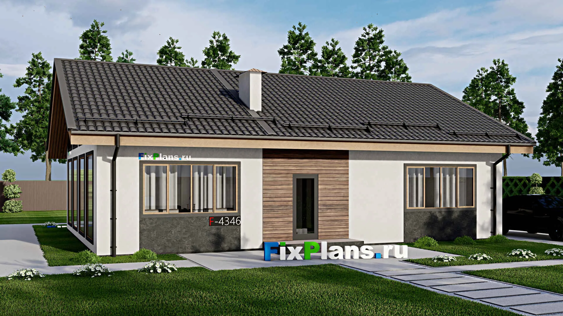 F-4346 - Проект одноэтажного дома 12 на 15, площадью 130 м² с 3 спальнями