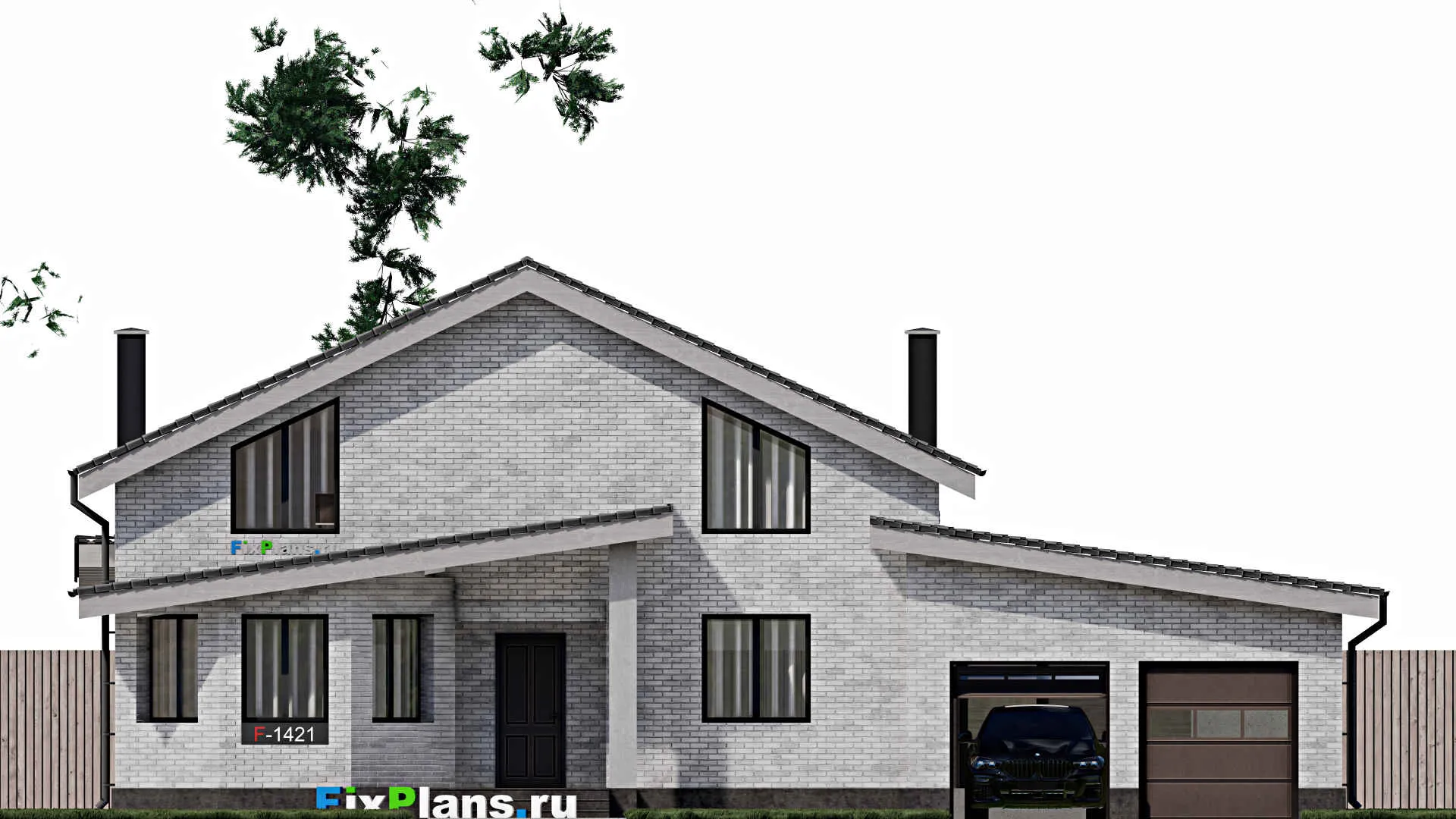 F-1421 - Проект дома с мансардой 17 на 17, площадью 240 м² с террасой, гаражом на 1 машину и 3 спальнями