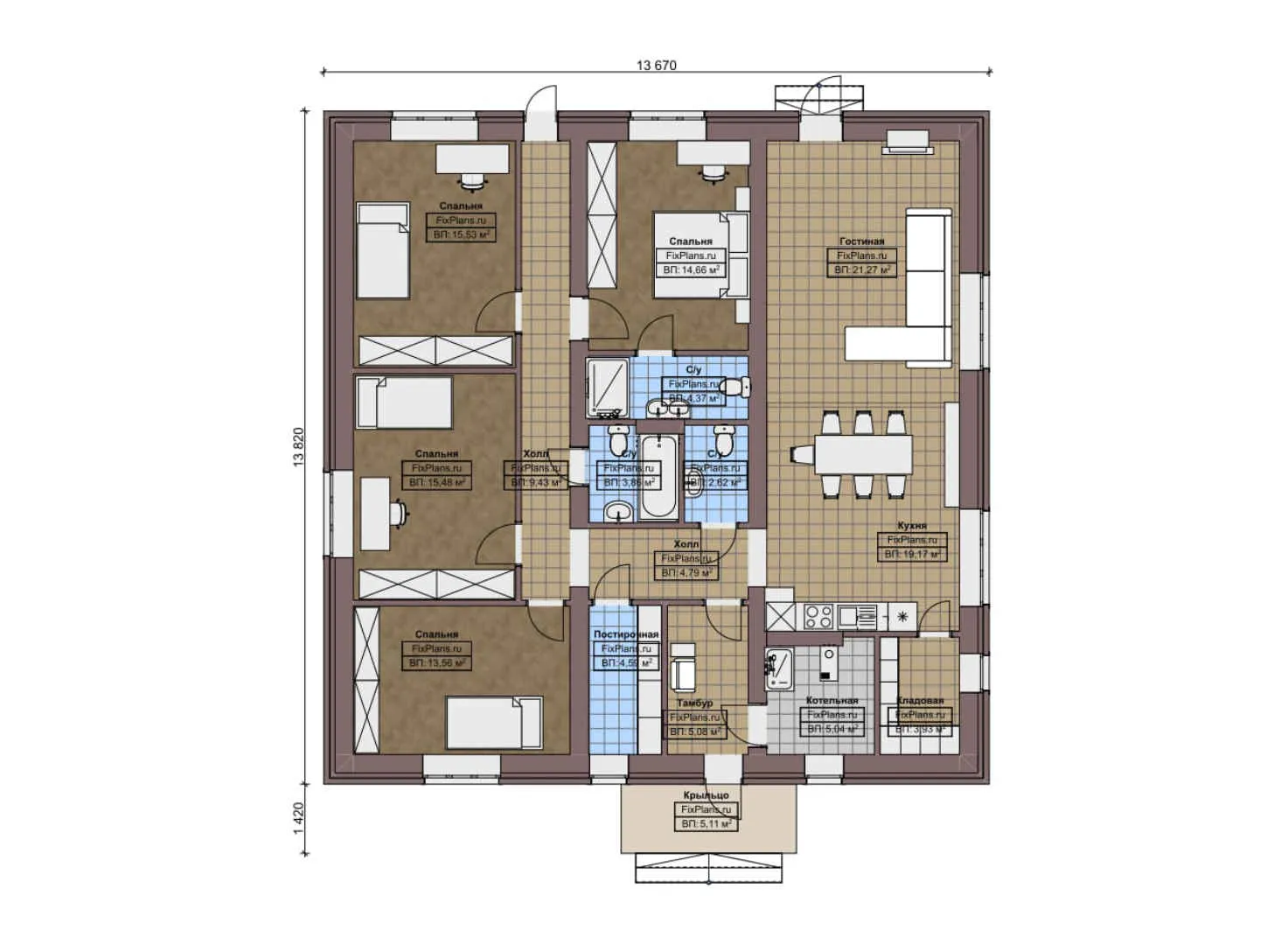 F-5588 - План одноэтажного дома 14 на 14, площадью 150 м² с 4 спальнями