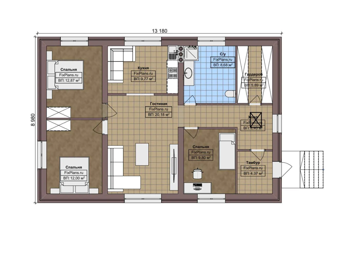 F-5147 - План одноэтажного дома 9 на 14, площадью 100 м² с 3 спальнями